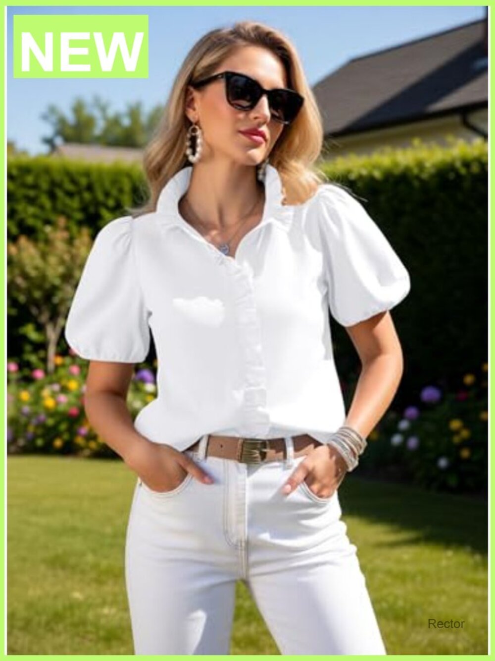 Puffy Sleeve Button Down Ruffle Blouse Work Top - Picture 4 of 6